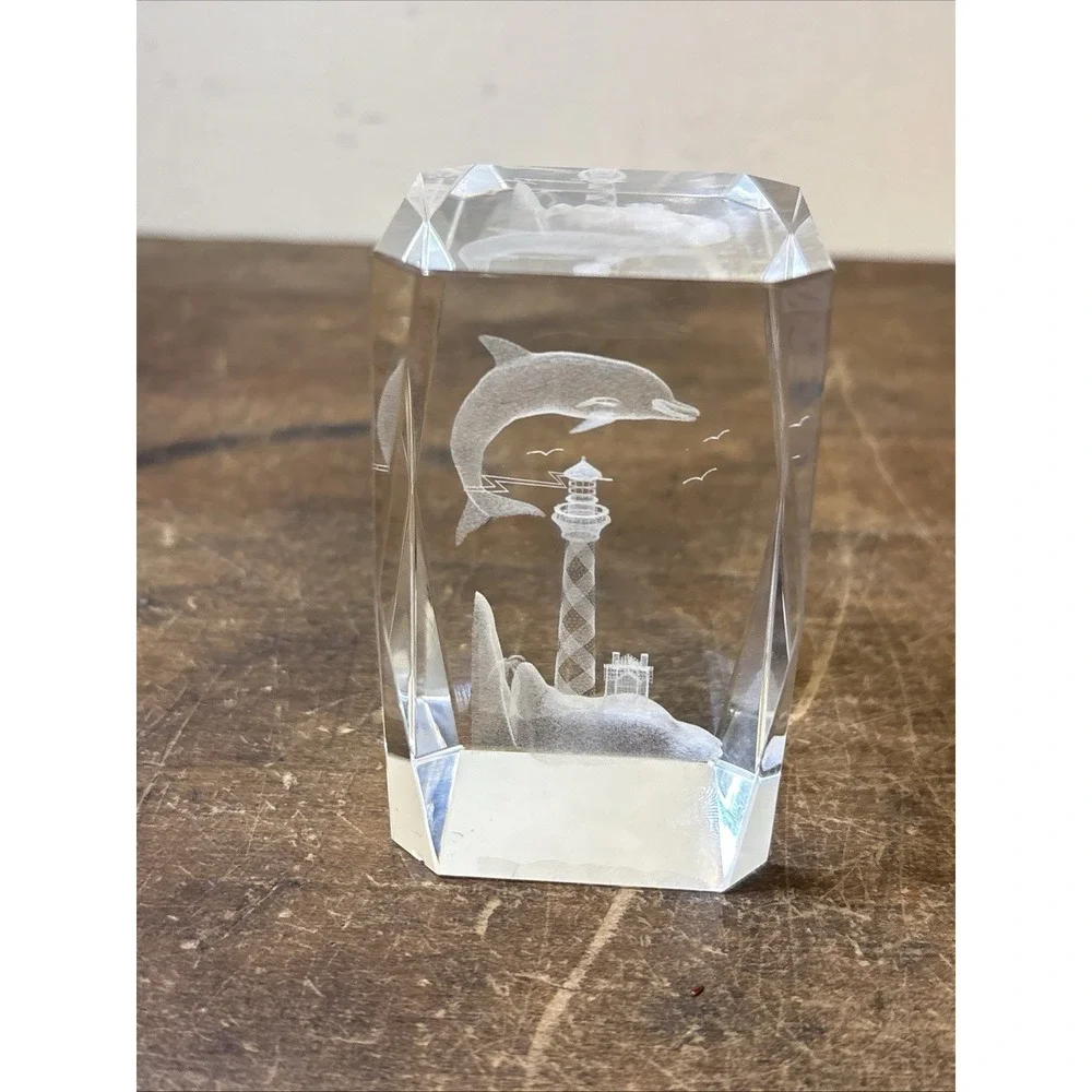 Crystal Cube Lighthouse Dolphin Beach Three Dimensional. Excellent Condition.